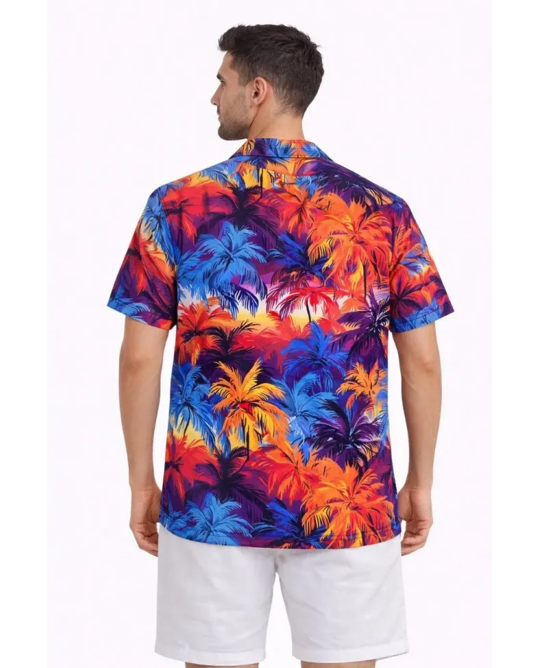 Erkek Tropikal Desenli Kısa Kol Gömlek Rahat Kalıp Yazlık Hawaii Tarz - Desenli