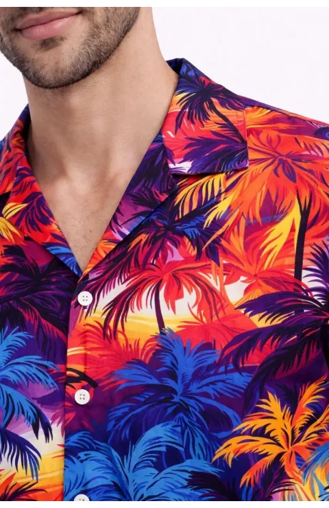 Erkek Tropikal Desenli Kısa Kol Gömlek Rahat Kalıp Yazlık Hawaii Tarz - Desenli