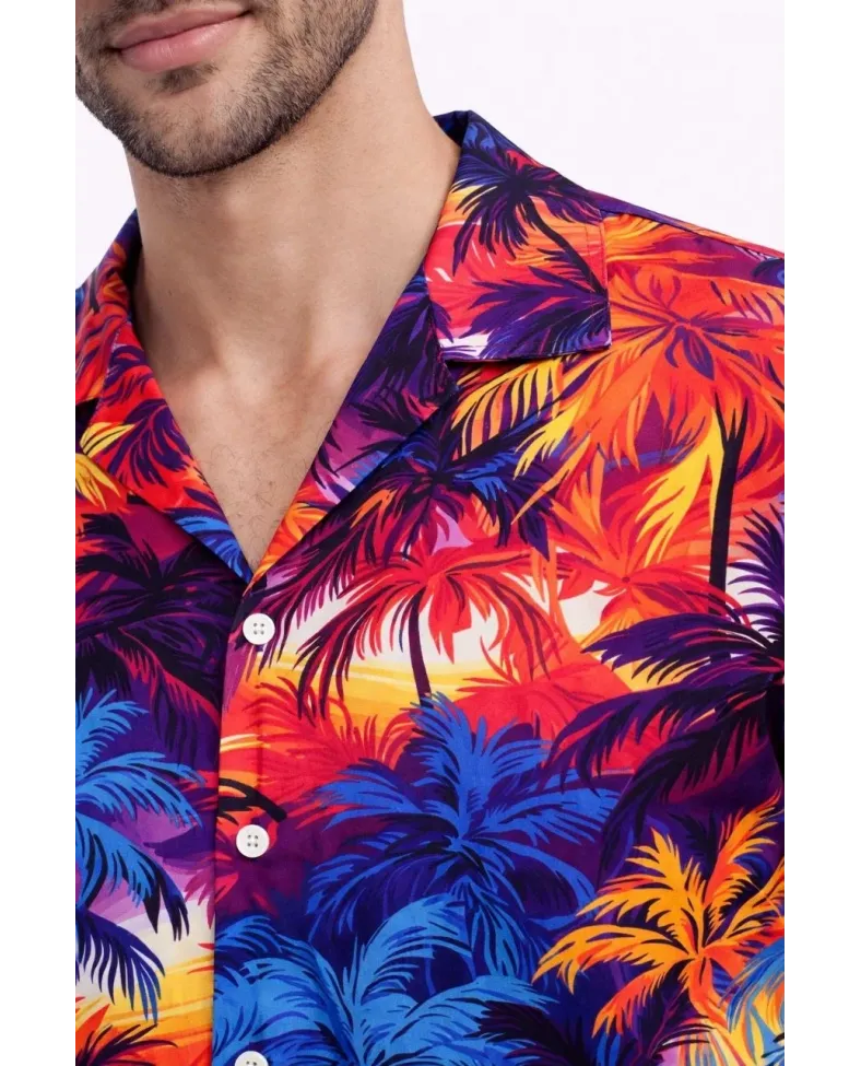 Erkek Tropikal Desenli Kısa Kol Gömlek Rahat Kalıp Yazlık Hawaii Tarz - Desenli