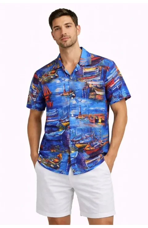 Erkek Marin Desenli Kısa Kol Gömlek Yazlık Rahat Kalıp Dijital Baskılı - Desenli