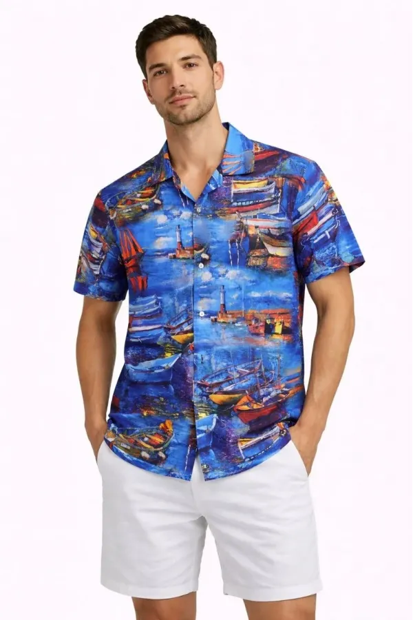Erkek Marin Desenli Kısa Kol Gömlek Yazlık Rahat Kalıp Dijital Baskılı - Desenli