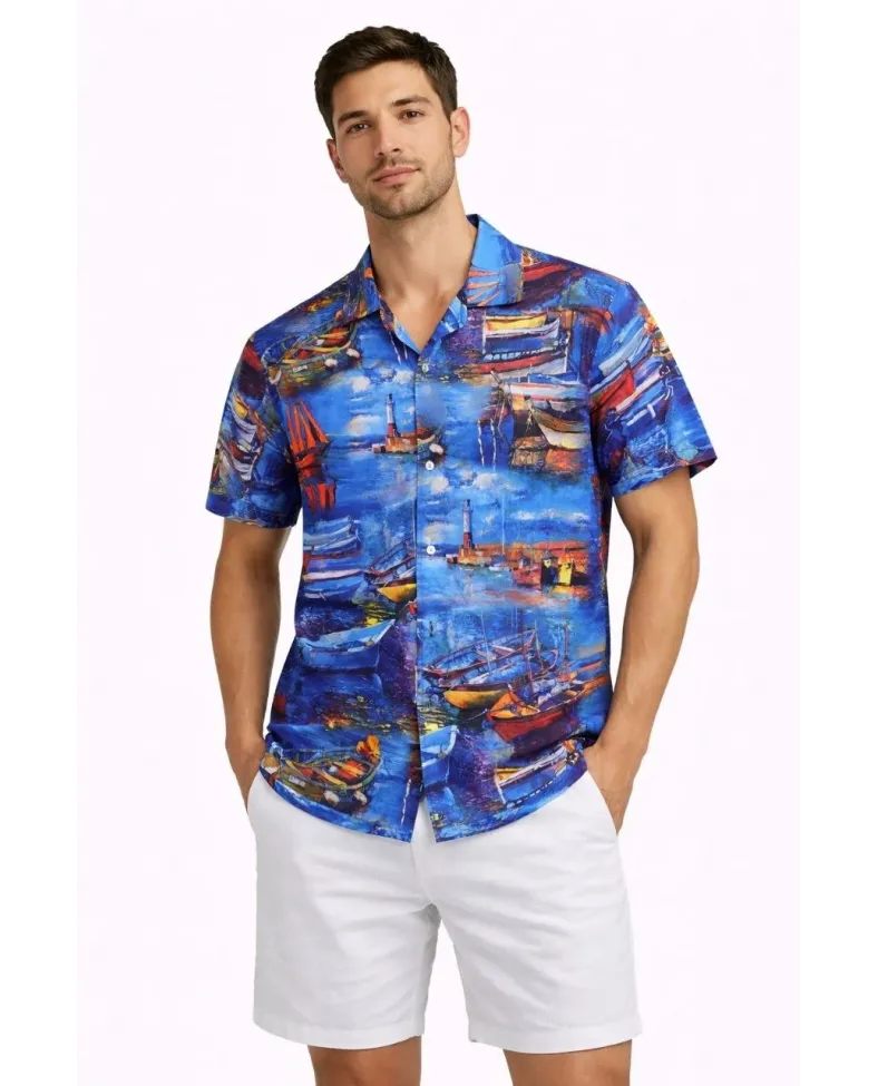 Erkek Marin Desenli Kısa Kol Gömlek Yazlık Rahat Kalıp Dijital Baskılı - Desenli