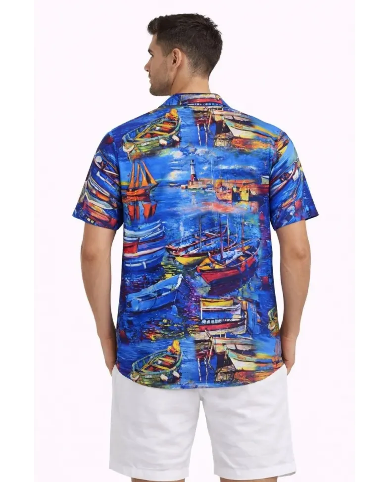 Erkek Marin Desenli Kısa Kol Gömlek Yazlık Rahat Kalıp Dijital Baskılı - Desenli