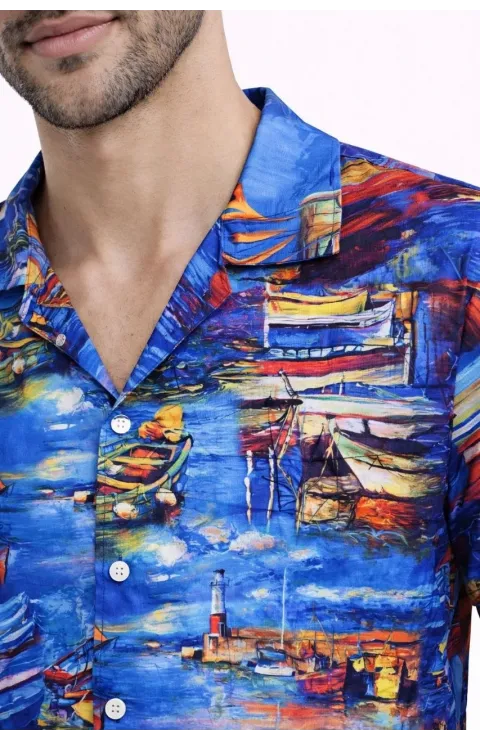 Erkek Marin Desenli Kısa Kol Gömlek Yazlık Rahat Kalıp Dijital Baskılı - Desenli