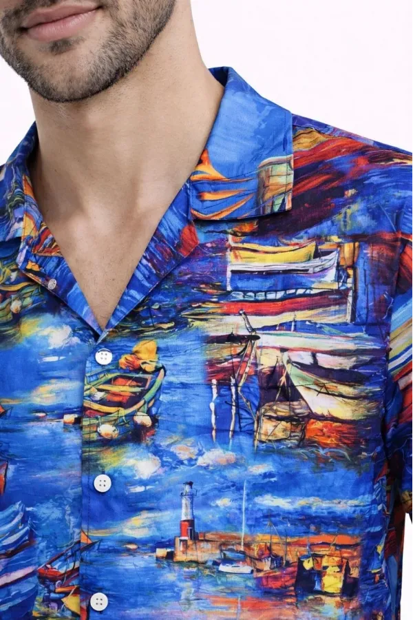 Erkek Marin Desenli Kısa Kol Gömlek Yazlık Rahat Kalıp Dijital Baskılı - Desenli