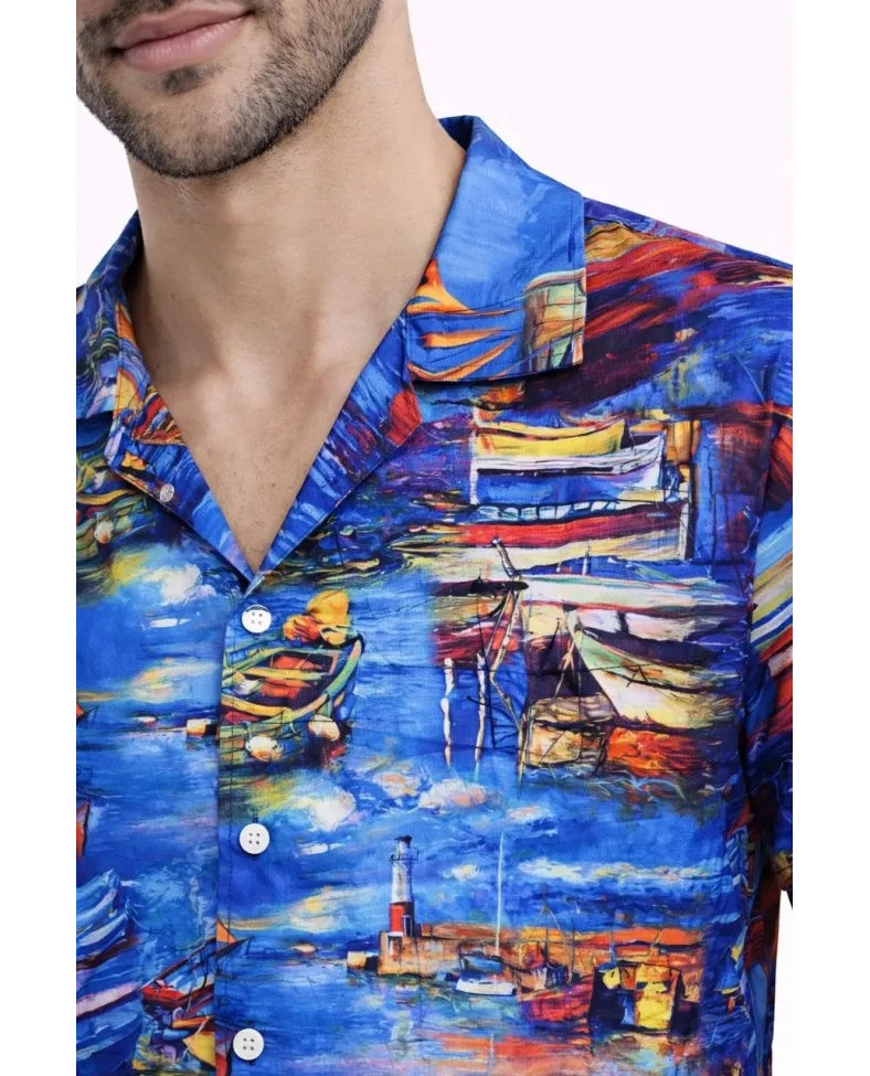 Erkek Marin Desenli Kısa Kol Gömlek Yazlık Rahat Kalıp Dijital Baskılı - Desenli