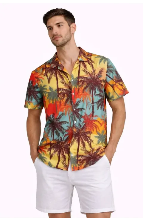 Erkek Tropikal Palmiye Desenli Kısa Kol Gömlek Yazlık Rahat Kalıp Dijital Baskılı - Desenli
