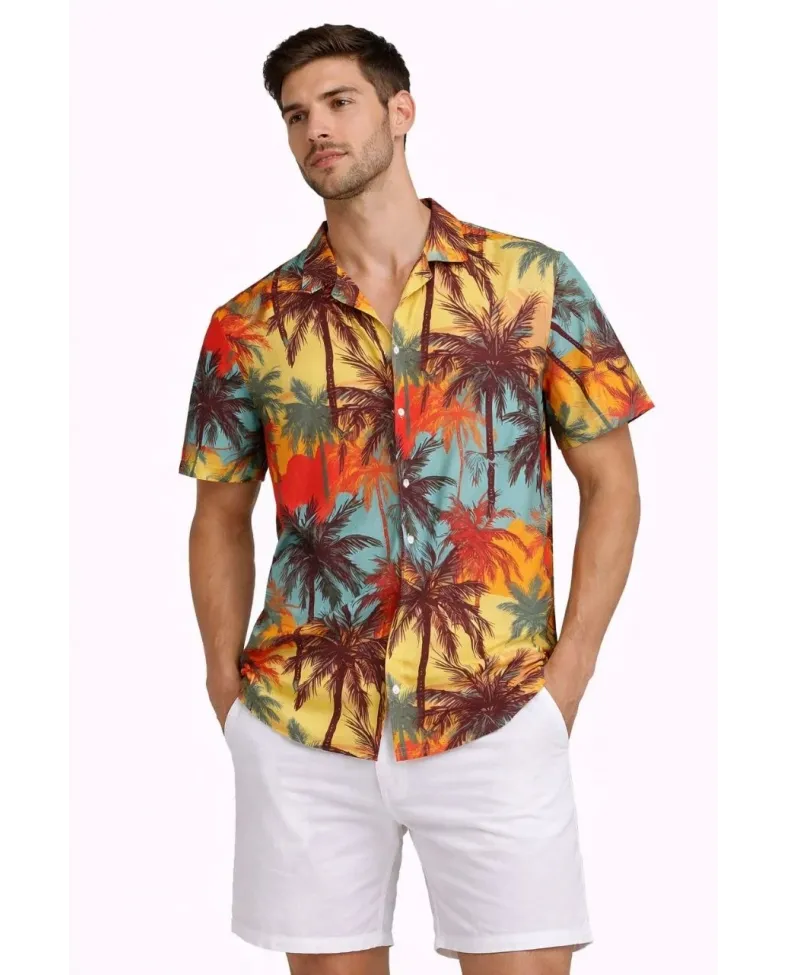 Erkek Tropikal Palmiye Desenli Kısa Kol Gömlek Yazlık Rahat Kalıp Dijital Baskılı - Desenli