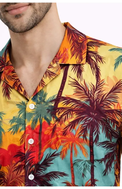 Erkek Tropikal Palmiye Desenli Kısa Kol Gömlek Yazlık Rahat Kalıp Dijital Baskılı - Desenli