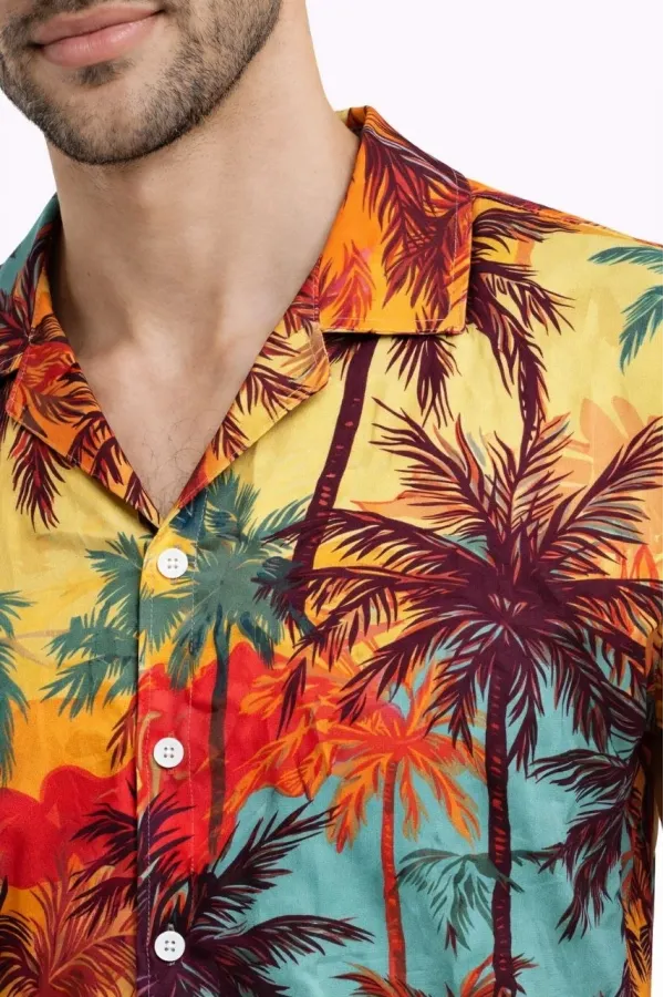 Erkek Tropikal Palmiye Desenli Kısa Kol Gömlek Yazlık Rahat Kalıp Dijital Baskılı - Desenli