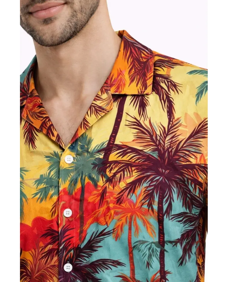 Erkek Tropikal Palmiye Desenli Kısa Kol Gömlek Yazlık Rahat Kalıp Dijital Baskılı - Desenli