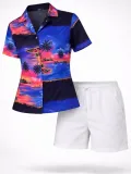 Kadın Gün Batımı Tropikal Desenli Kısa Kol Gömlek Şort Takım Yazlık Rahat Kalıp - Desenli