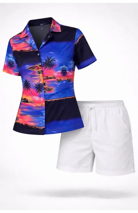 Kadın Gün Batımı Tropikal Desenli Kısa Kol Gömlek Şort Takım Yazlık Rahat Kalıp - Desenli