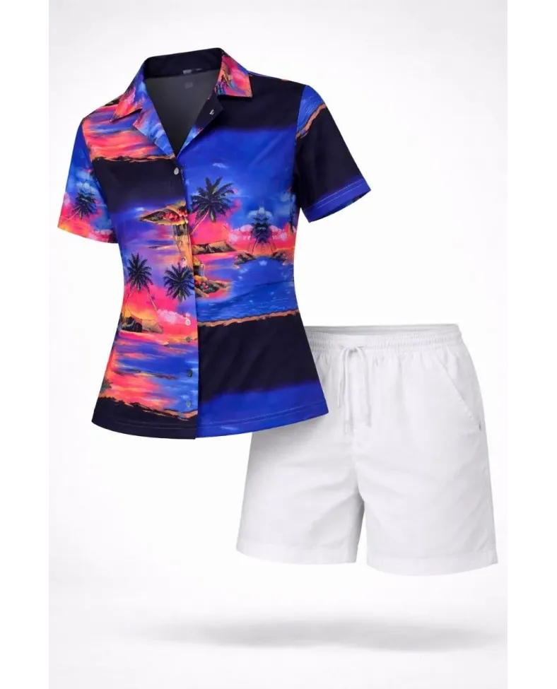 Kadın Gün Batımı Tropikal Desenli Kısa Kol Gömlek Şort Takım Yazlık Rahat Kalıp - Desenli