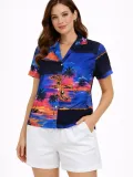 Kadın Gün Batımı Tropikal Desenli Kısa Kol Gömlek Şort Takım Yazlık Rahat Kalıp - Desenli