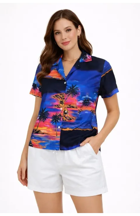 Kadın Gün Batımı Tropikal Desenli Kısa Kol Gömlek Şort Takım Yazlık Rahat Kalıp - Desenli