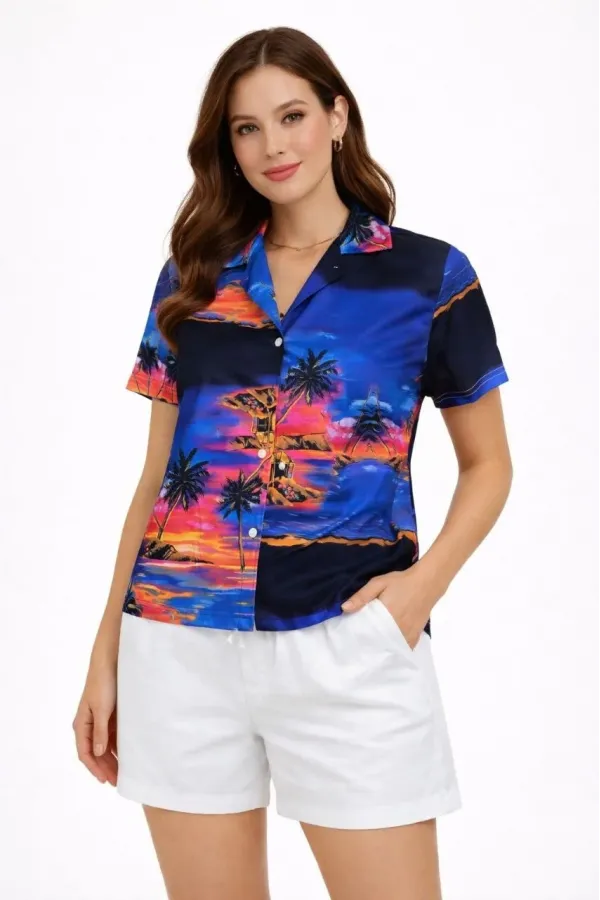 Kadın Gün Batımı Tropikal Desenli Kısa Kol Gömlek Şort Takım Yazlık Rahat Kalıp - Desenli