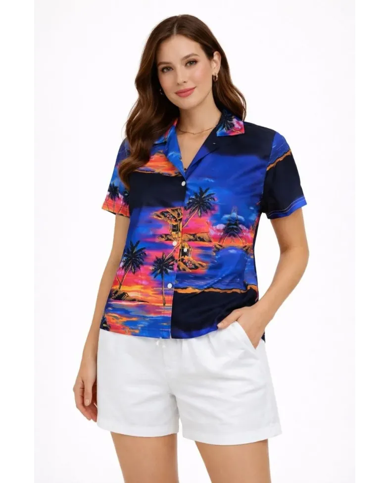 Kadın Gün Batımı Tropikal Desenli Kısa Kol Gömlek Şort Takım Yazlık Rahat Kalıp - Desenli