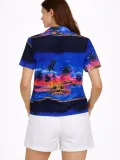 Kadın Gün Batımı Tropikal Desenli Kısa Kol Gömlek Şort Takım Yazlık Rahat Kalıp - Desenli