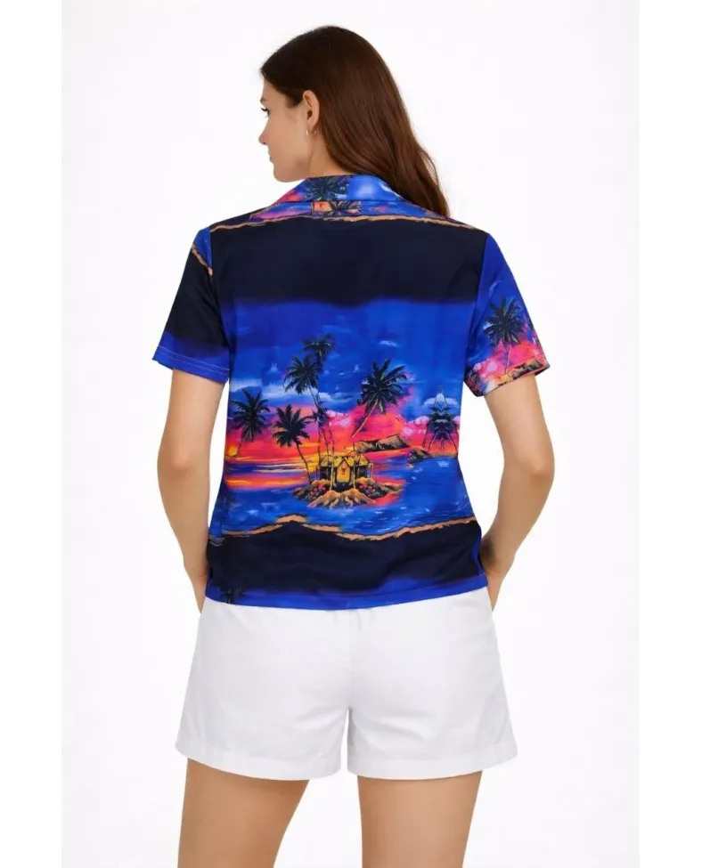 Kadın Gün Batımı Tropikal Desenli Kısa Kol Gömlek Şort Takım Yazlık Rahat Kalıp - Desenli