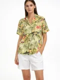 Kadın Gün Batımı Tropikal Desenli Kısa Kol Gömlek Şort Takım Yazlık Rahat Kalıp - Desenli