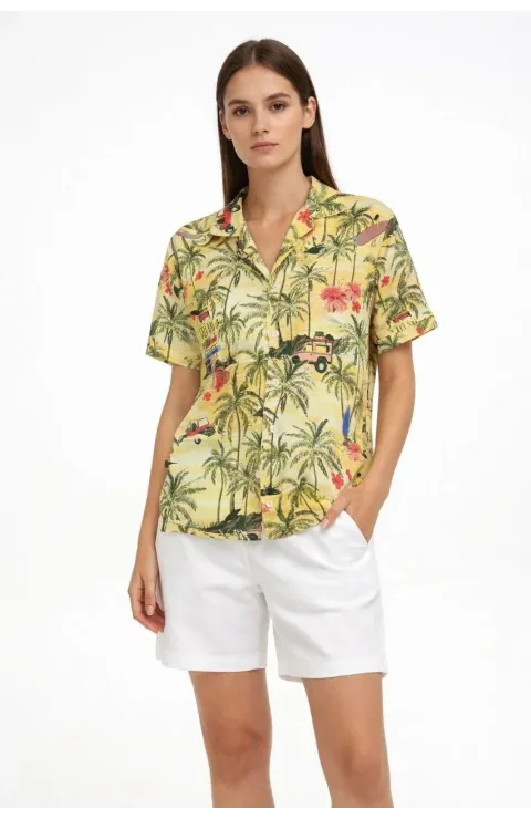 Kadın Gün Batımı Tropikal Desenli Kısa Kol Gömlek Şort Takım Yazlık Rahat Kalıp - Desenli