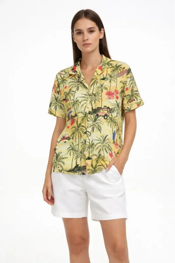 Kadın Gün Batımı Tropikal Desenli Kısa Kol Gömlek Şort Takım Yazlık Rahat Kalıp - Desenli