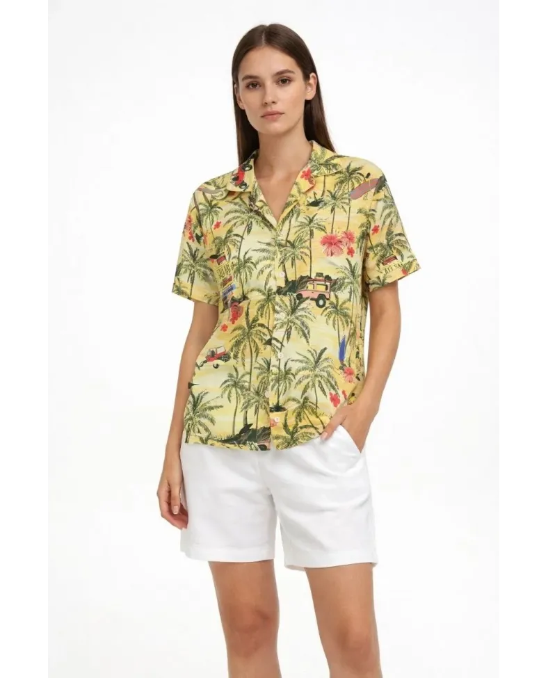 Kadın Gün Batımı Tropikal Desenli Kısa Kol Gömlek Şort Takım Yazlık Rahat Kalıp - Desenli