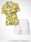 Kadın Gün Batımı Tropikal Desenli Kısa Kol Gömlek Şort Takım Yazlık Rahat Kalıp - Desenli