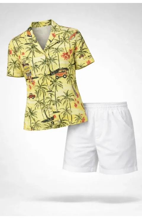 Kadın Gün Batımı Tropikal Desenli Kısa Kol Gömlek Şort Takım Yazlık Rahat Kalıp - Desenli