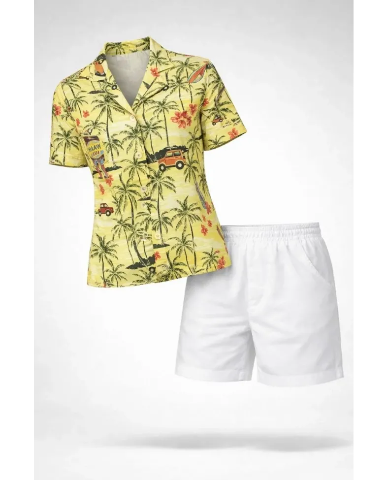 Kadın Gün Batımı Tropikal Desenli Kısa Kol Gömlek Şort Takım Yazlık Rahat Kalıp - Desenli