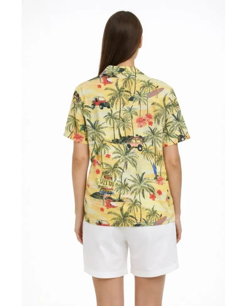 Kadın Gün Batımı Tropikal Desenli Kısa Kol Gömlek Şort Takım Yazlık Rahat Kalıp - Desenli