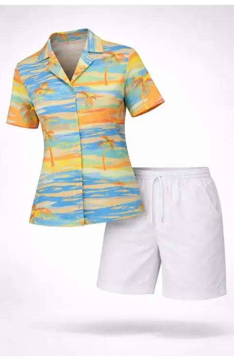 Kadın Yazlık Tropikal Desenli Gömlek Şort Takım Rahat Kalıp Tatil Kombin  - Desenli
