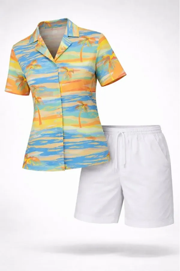 Kadın Yazlık Tropikal Desenli Gömlek Şort Takım Rahat Kalıp Tatil Kombin  - Desenli