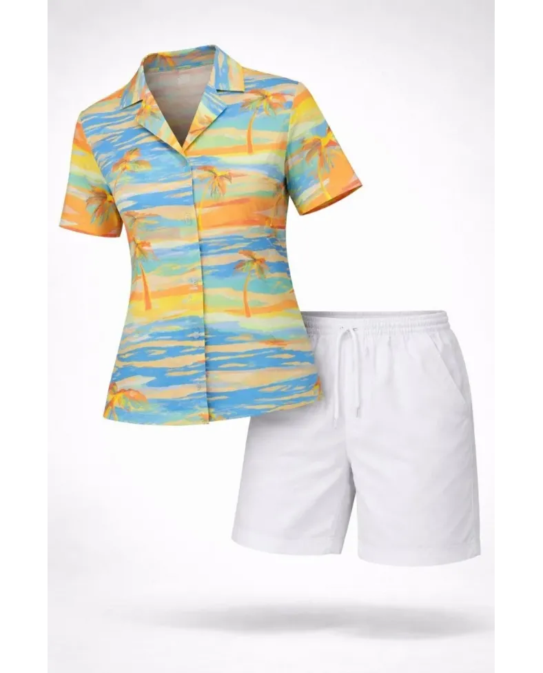 Kadın Yazlık Tropikal Desenli Gömlek Şort Takım Rahat Kalıp Tatil Kombin  - Desenli