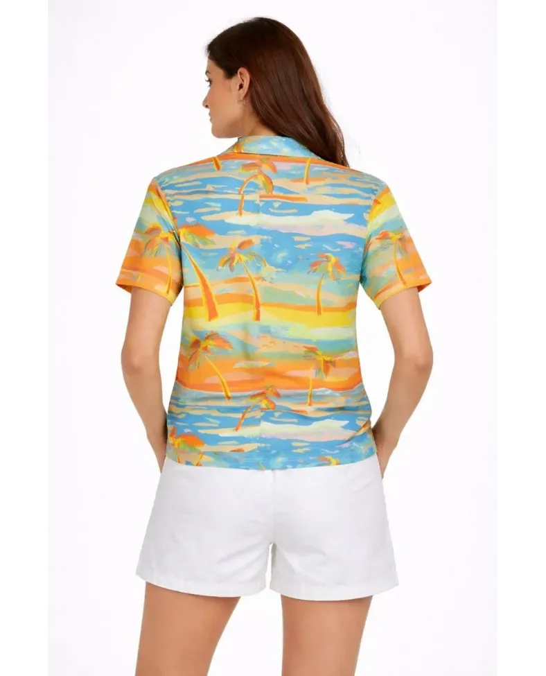 Kadın Yazlık Tropikal Desenli Gömlek Şort Takım Rahat Kalıp Tatil Kombin  - Desenli