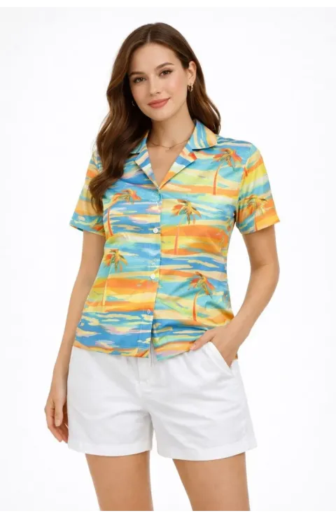 Kadın Yazlık Tropikal Desenli Gömlek Şort Takım Rahat Kalıp Tatil Kombin  - Desenli