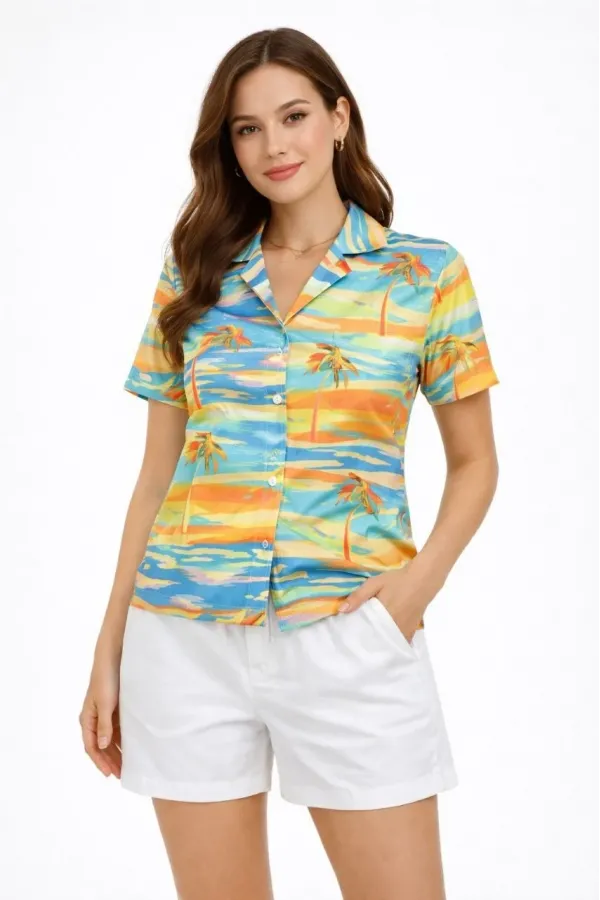 Kadın Yazlık Tropikal Desenli Gömlek Şort Takım Rahat Kalıp Tatil Kombin  - Desenli