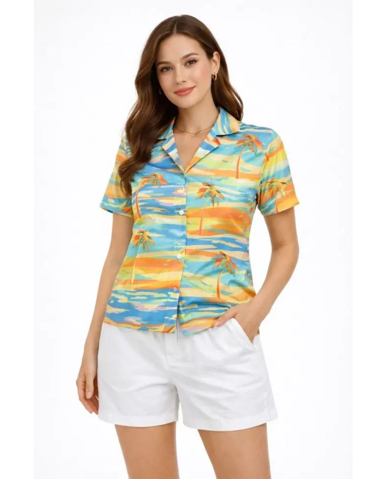 Kadın Yazlık Tropikal Desenli Gömlek Şort Takım Rahat Kalıp Tatil Kombin  - Desenli