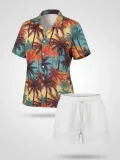 Kadın Tropikal Palmiye Desenli Kısa Kol Gömlek Şort Takım Yazlık Rahat Kalıp - Desenli