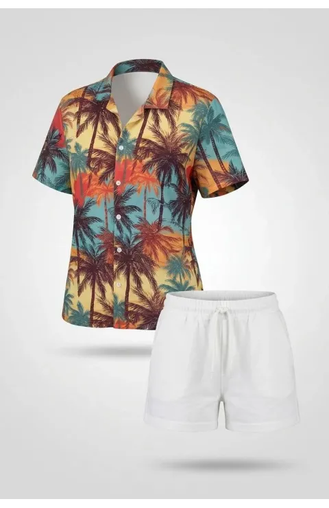 Kadın Tropikal Palmiye Desenli Kısa Kol Gömlek Şort Takım Yazlık Rahat Kalıp - Desenli
