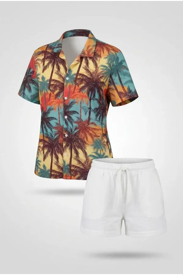 Kadın Tropikal Palmiye Desenli Kısa Kol Gömlek Şort Takım Yazlık Rahat Kalıp - Desenli