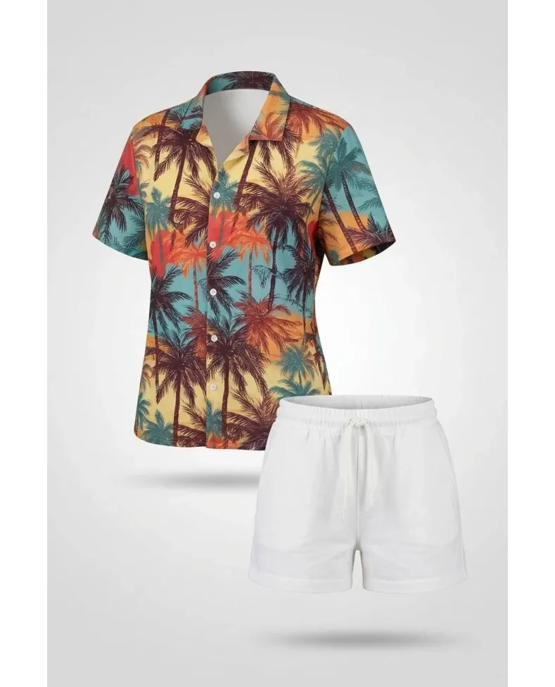 Kadın Tropikal Palmiye Desenli Kısa Kol Gömlek Şort Takım Yazlık Rahat Kalıp - Desenli