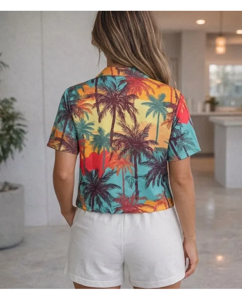 Kadın Tropikal Palmiye Desenli Kısa Kol Gömlek Şort Takım Yazlık Rahat Kalıp - Desenli