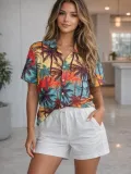 Kadın Tropikal Palmiye Desenli Kısa Kol Gömlek Şort Takım Yazlık Rahat Kalıp - Desenli