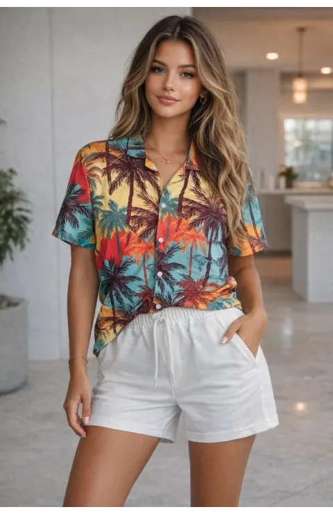 Kadın Tropikal Palmiye Desenli Kısa Kol Gömlek Şort Takım Yazlık Rahat Kalıp - Desenli