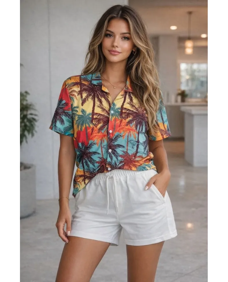 Kadın Tropikal Palmiye Desenli Kısa Kol Gömlek Şort Takım Yazlık Rahat Kalıp - Desenli