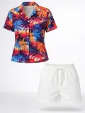 Kadın Renkli Tropikal Palmiye Desenli Kısa Kol Gömlek Şort Takım Yazlık Rahat Kalıp - Desenli