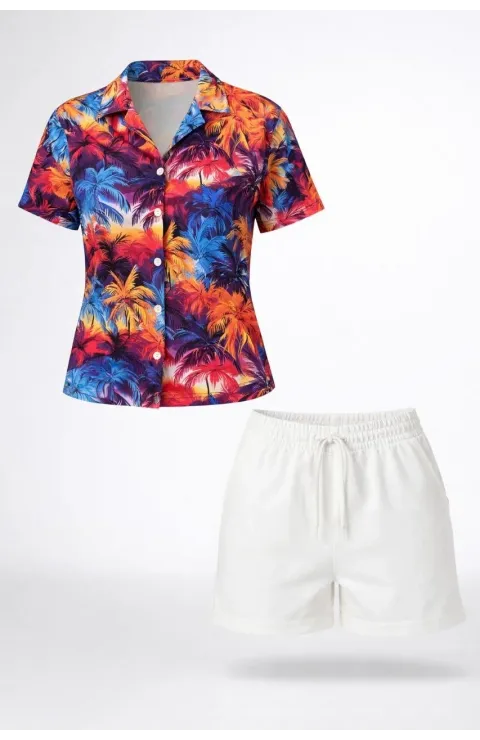 Kadın Renkli Tropikal Palmiye Desenli Kısa Kol Gömlek Şort Takım Yazlık Rahat Kalıp - Desenli