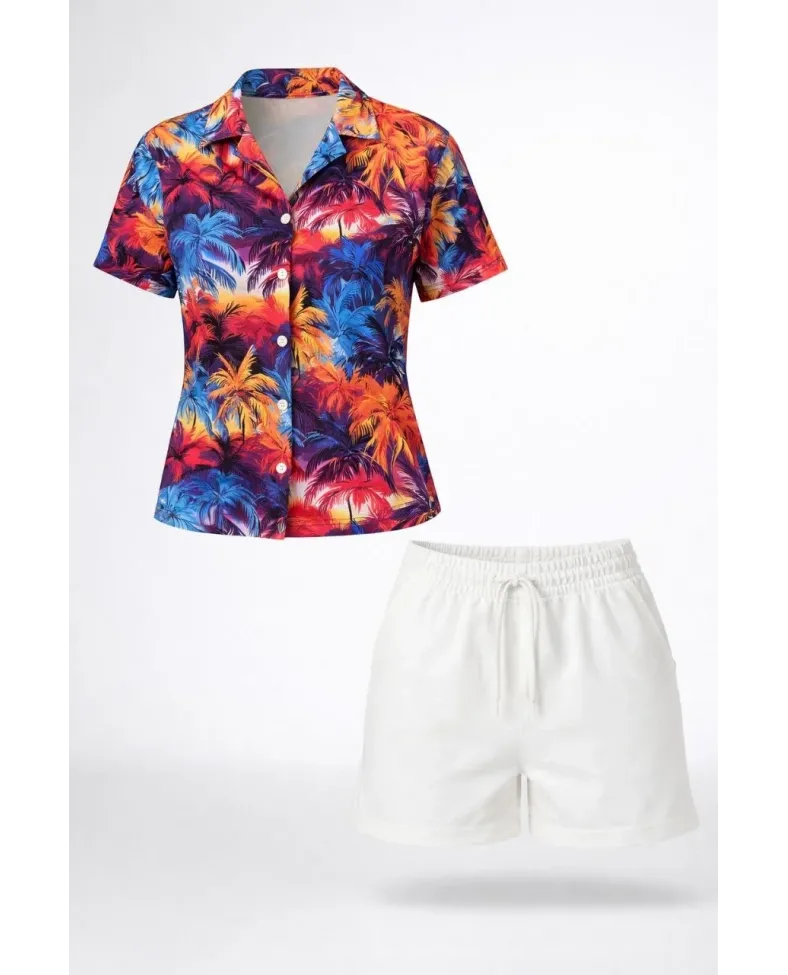 Kadın Renkli Tropikal Palmiye Desenli Kısa Kol Gömlek Şort Takım Yazlık Rahat Kalıp - Desenli